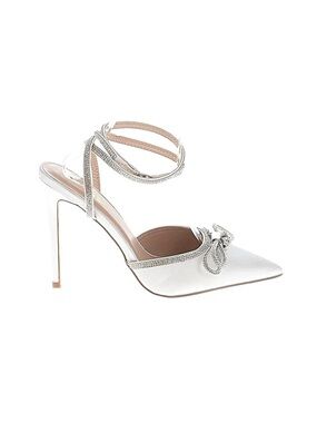 Lulus silver satin bow pointed toe strappy heels with embellished straps